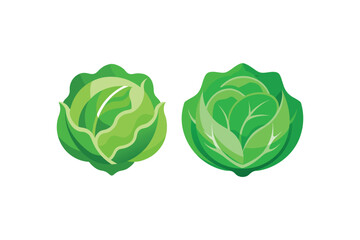 Obraz premium Two heads of fresh green cabbage icons for healthy nutrition and organic farming grocery store theme