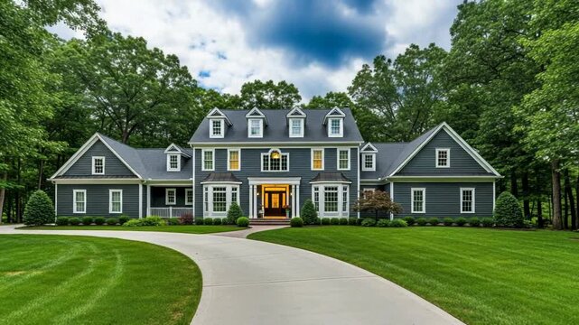 Large gray house with white trim and green lawn and trees