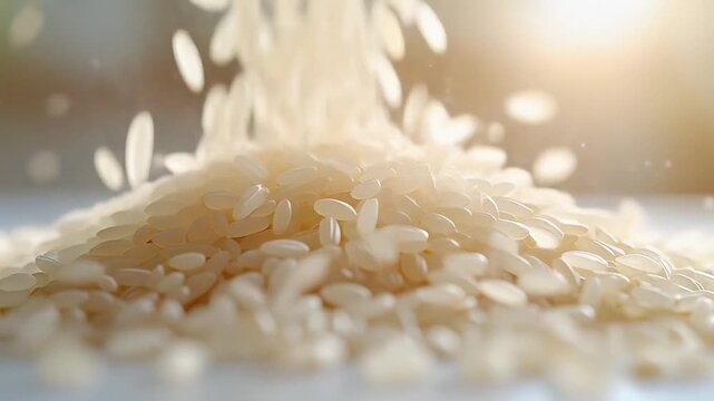 Rice grains pouring down on a pile of uncooked white rice, viewed from a close-up angle with sunlight shining through