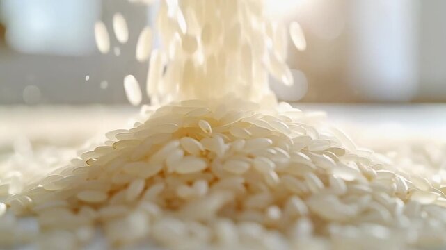 Rice grains pouring down onto a pile of rice in a kitchen environment from a close-up viewpoint