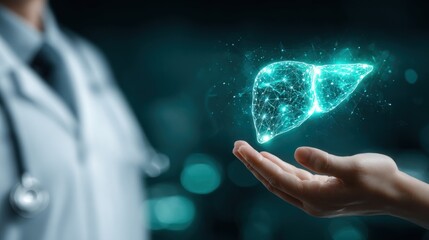 A futuristic depiction of a doctor presenting a glowing, digital liver, symbolizing advancements in medical technology and holographic imaging.