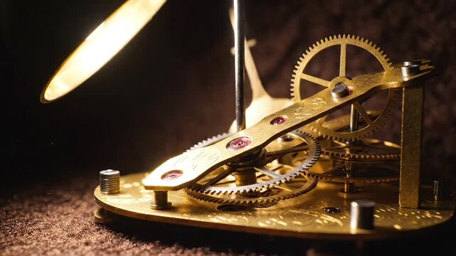 A vintage clockwork mechanism is illuminated by a light source from above showcasing intricate gears and mechanical parts in a close-up view.