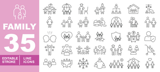 Comprehensive family and social care line icon set. Editable stroke icons for non-profits, insurance, and community services. Featuring multi-generational families, family protection (shield), elderly