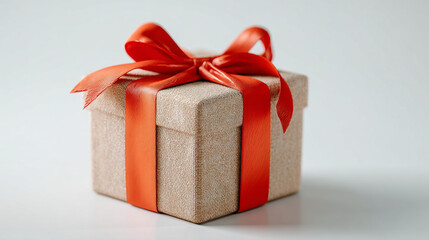 Obraz premium Simple elegant gift box with a vibrant orange-red ribbon and bow on a clean white background.