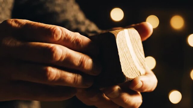 Cinematic close-up of hands turning a wooden cube slowly, change and adaptation