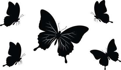Fototapeta premium Black butterfly silhouette collection with flying insects elegant wing shapes isolated minimal nature vector illustration for creative decorative design use