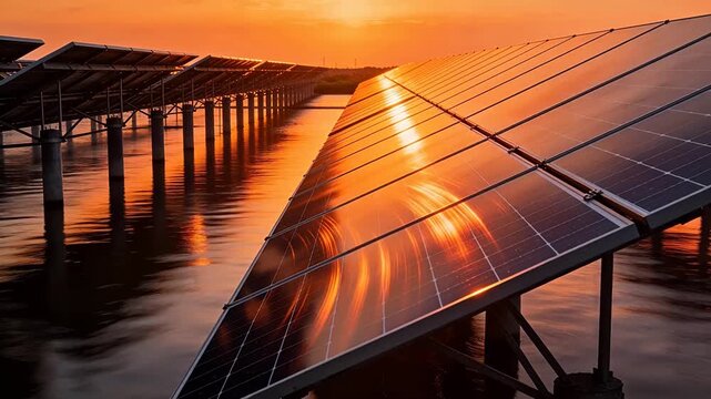 Solar panels floating on calm water during sunset
