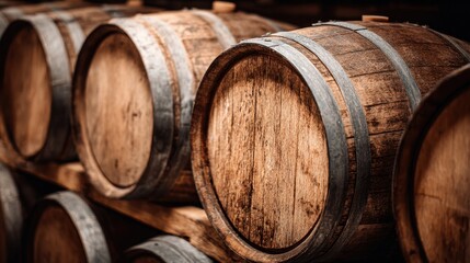 Rows of wooden barrels are neatly stacked in a dimly lit storage area of a winery. The barrels show signs of aging and are crafted from rich, dark wood.