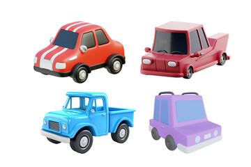 Fototapeta premium Cartoon vector illustration set of a toy pickup truck and transport vehicle icons isolated on white background for automobile design