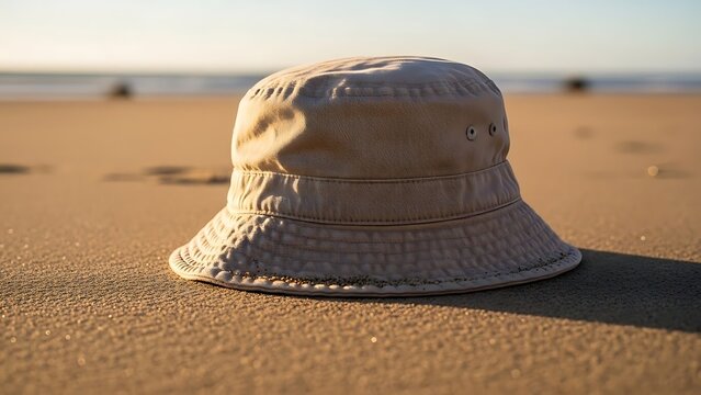 A beige bucket hat lies on the sandy beach with the ocean in the background, captured from a low angle.