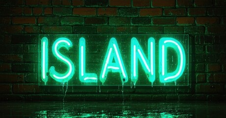 Obraz premium Bright neon sign spells ISLAND. Dripping water adds dramatic effect against brick wall. Dark background enhances glow.