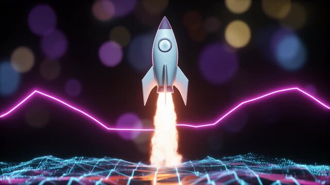 Waves of glowing cyber data flow under a rocket, The rocket rises upward following animation
