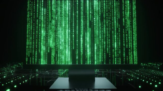 Data streams cascading across a monitor and illuminating a circuit board, symbolizing technology, data processing, and innovation.