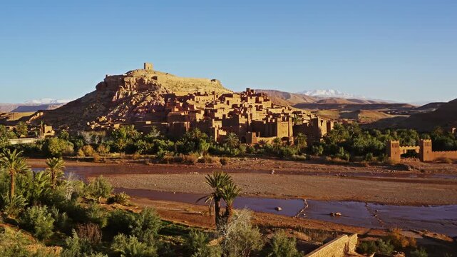 Kasbah Ait Ben Haddou in the Atlas Mountains, Morocco, zoom out timelapse 4k