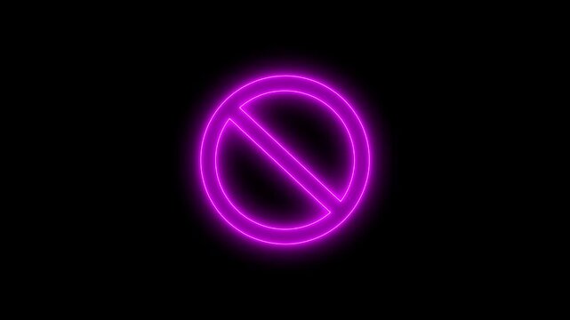 Glowing neon blue color warning line ban icon animation. Wrong sign symbol on black background.