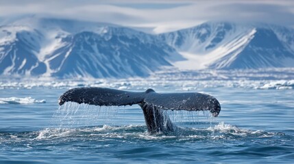 Obraz premium A whale's tail rises above the calm, clear waters, splashing droplets as it breaches near snow-capped mountains in the Arctic. The sunlight illuminates the scene beautifully.
