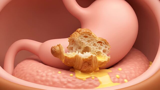 3D Animation of Food Digestion Process within Stomach Wall and Gastric Juices Secretion, Human Anatomy Visualization