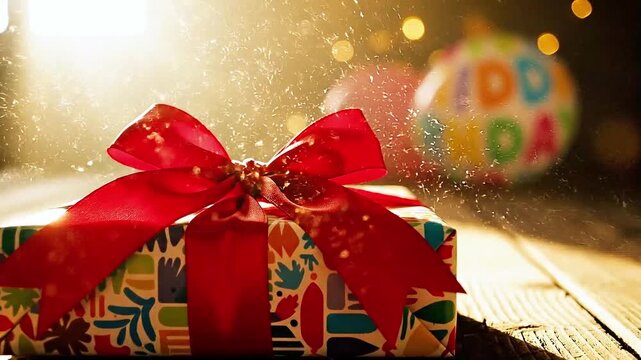 Magical slow motion shot of a colorful birthday gift box with a bright red bow sitting on a rustic wooden surface, illuminated by golden sun rays with glittering particles floating in the air