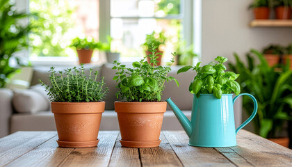Fototapeta premium Creative indoor gardening with fresh basil in a blue watering can and herbs in terracotta pots on a rustic wooden table, bright living room background.