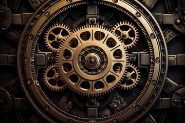 Close up of interlocking brass gears spinning within a sophisticated mechanism, showcasing precision engineering and industrial design