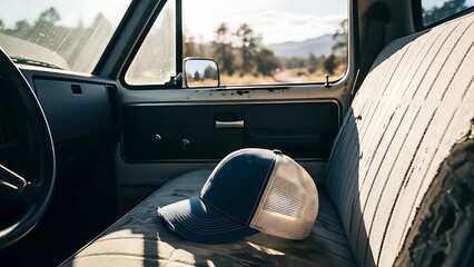 Vintage car interior with hat on seat near steering wheel in scenic outdoor setting