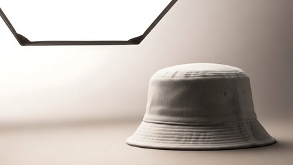 A white bucket hat is centered on a beige floor under soft studio lighting from above.