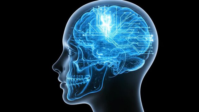 Human Head with Visible Brain and Skull Structure.