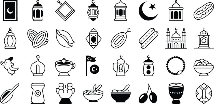Ramadan kareem icons and symbols for islamic holy month of ramadan