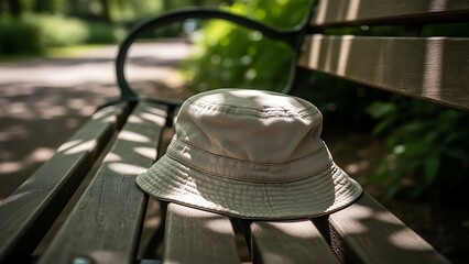 A white sun hat lies on a weathered wooden park bench, surrounded by lush greenery and dappled sunlight.