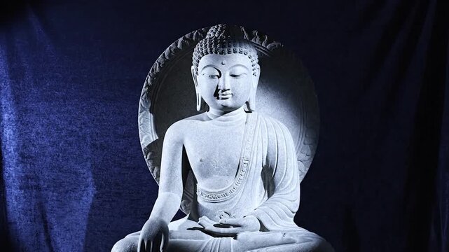 Serene stone sculpture of Buddha seated in meditation, bathed in dramatic blue light