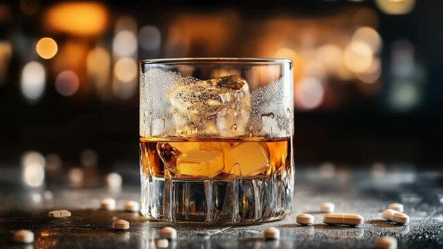 Whiskey Glass with Pills on Sunlit Table