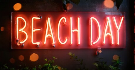 Bright neon sign displays Beach Day. Red glow contrasts dark background. Foliage visible around edges. Warm lighting creates inviting mood.