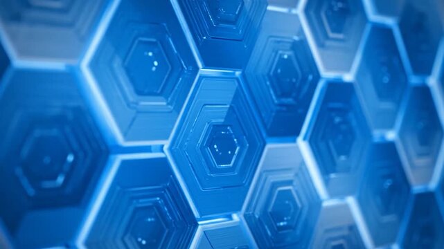 Abstract geometric pattern of layered blue hexagons with soft lighting