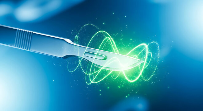 Surgical scalpel with glowing green energy wave futuristic concept