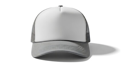 A front view of a grey baseball cap on a white background casting a shadow to the right