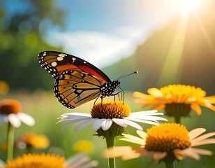 Obraz premium A butterfly perches on a white-petaled flower in a sunny meadow