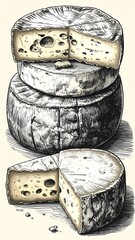 Stack of cheeses, one cut open, revealing internal holes and texture, with another slice cut off near the bottom