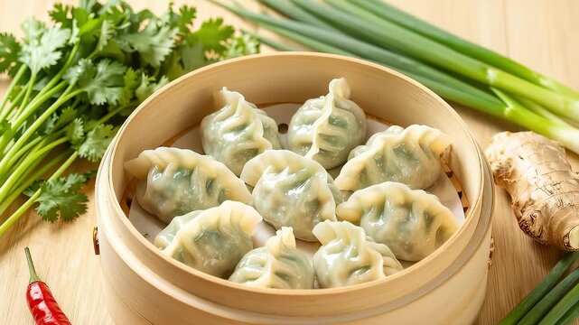 Freshly steamed handmade dumplings in bamboo steamer with ingredients