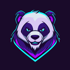 Fierce stylized panda head logo with dark purple and cyan neon highlights for esports and gaming vector illustration design