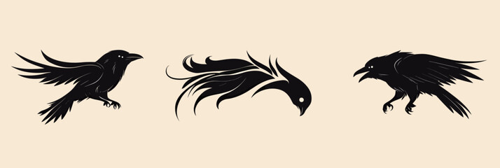 Obraz premium Silhouette of three different raven poses black bird vector illustration flat minimalist style tattoo design artwork animal wings flying perched beak feathers
