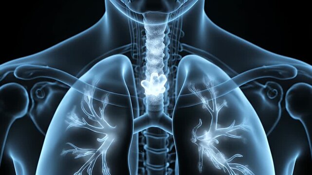 Anatomical X-Ray of Human Body with Thyroid Gland Highlighted on Black Background for Medical Illustration and