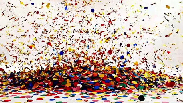 Dramatic slow motion shot of a massive vertical burst of vibrant multi-colored confetti particles exploding upwards against a clean white background in a professional studio setting