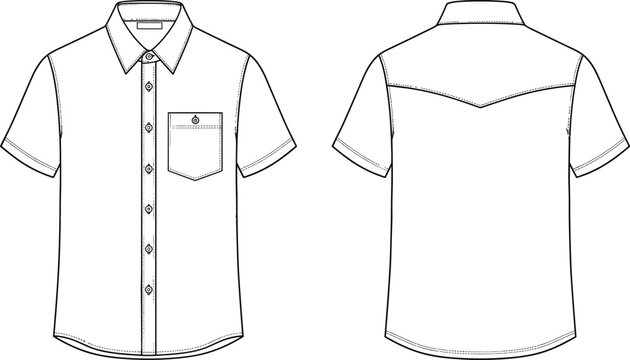 Technical flat sketch of short-sleeve button-up shirt with chest pocket and pointed back yoke in front and back views.