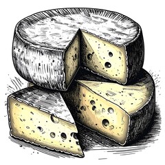 Stack of cheese wheels with cut pieces, rendered in a textured, sketch-like style, highlighting light and shadow details
