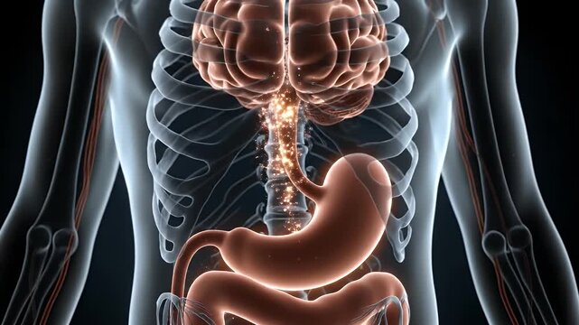 Animated X-Ray Visualization of Human Digestive System with Brain Stomach and Intestines on Dark Background Education