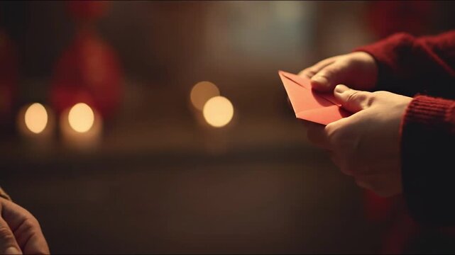 A Gift of Giving: Close-up shot showing hands exchanging a red envelope in a heartwarming gesture symbolizing generosity, tradition, and shared moments.