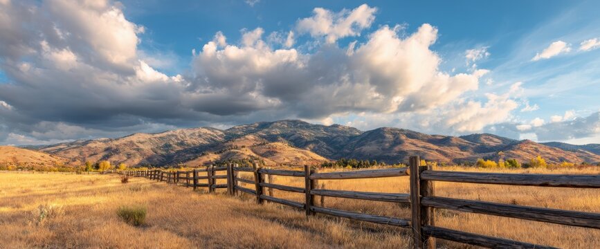 beautiful western ranch landscape with a wooden fence and yellow grass