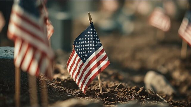 Remembering Sacrifice: A poignant display of American flags, gently fluttering in the breeze, commemorates the valor of fallen heroes. The image evokes a deep sense of reverence and national pride.