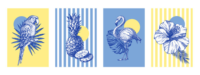 Vintage tropical exotic banner set. Parrot, toucan, tropical leaves, hibiscus. Coffee, restaurant, food packaging, event decor poster concept. Hand drawn sketch vector illustration. © pim