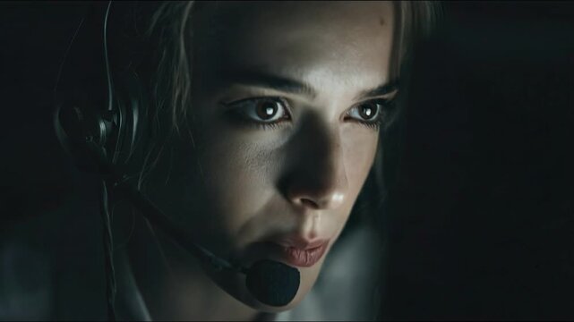 Focused Support: A focused female with headset embodies concentration and empathy, her gaze reflecting deep attention and dedication within a workspace.